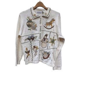 B. P.‎ Design Christmas Winter Button Up Cardigan Sweater Size L Snowmen White